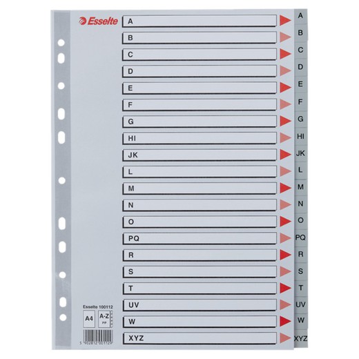 Abecedario multitaladro Esselte. DIN A4. Cartulina índice color. A-Z PP, gris