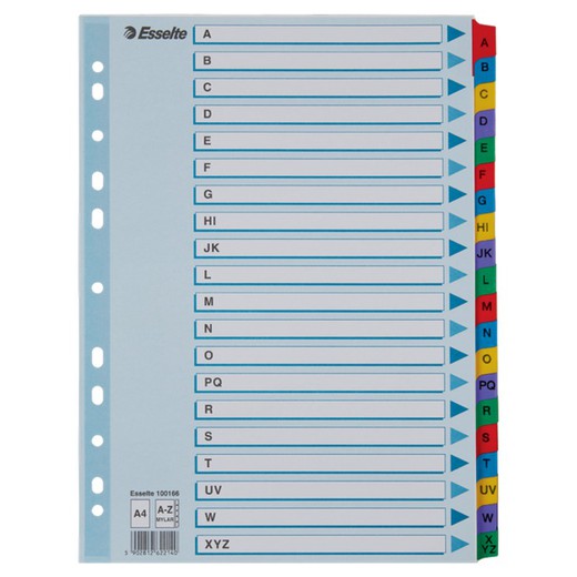 Esselte Multidrill-Alphabet. DIN A4. Farbige Karteikarte, verstärkte Laschen. A-Z Mylar, Multi