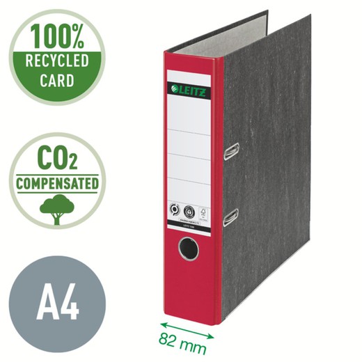 CO2-neutraler Aktenordner von Leitz. Marmorierter Karton. 180º. DIN A4. Rücken 80 mm, rot