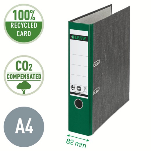 CO2-neutraler Aktenordner von Leitz. Marmorierter Karton. 180º. DIN A4. Rücken 80 mm, grün