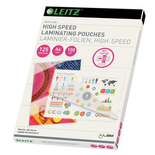 Leitz DIN A4 lamination bags. High speed. Closed on the longest side. (Box 100) 125 microns