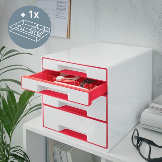 Caixas de gavetas WOW Desk Cube 4 gavetas (2 grandes e 2 pequenas), vermelho/branco