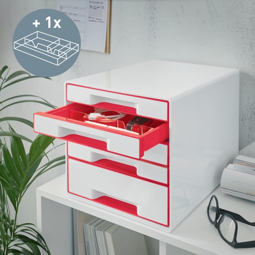 WOW Desk Cube Drawer Bucs 5 Drawers (1 Large and 4 Small), Red/White