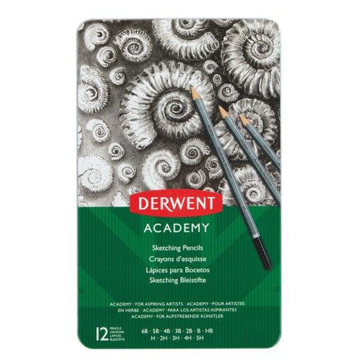 Caja metálica 12 lápices Derwent grafito - graduación 5H-6B