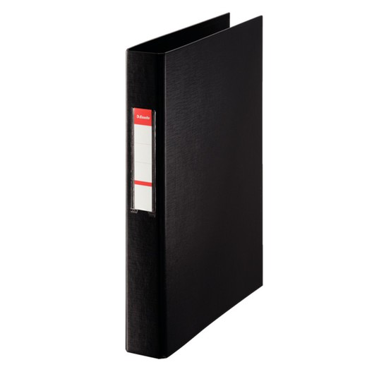 Lined plastic ring binder. With plastic interior and card holder. 2 D rings 25 mm. black foil