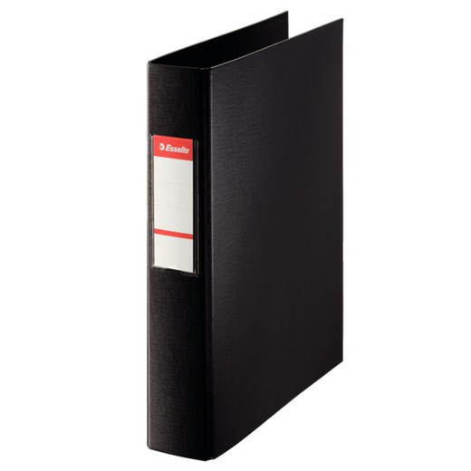 Lined plastic ring binder. With plastic interior and card holder. 2 D rings 40 mm. black foil