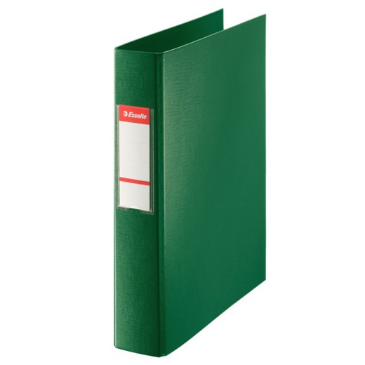 Lined plastic ring binder. With plastic interior and card holder. 4 D rings 40 mm. green foil