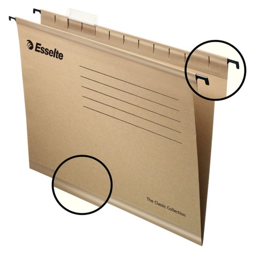 Natural Kraft hanging folders 230 gr. vertical access. Spine V. Short rigid viewfinder DIN A4 (Box 50 units)