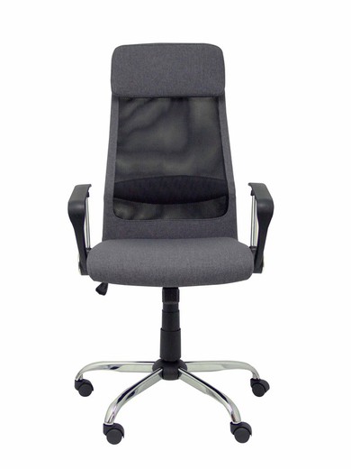 FORÖL Modelo  Esteras- Silla de dirección ergonómica con mecanismo basculante, brazos fijos y regulable en altura - Respaldo de malla transpirable con cabecero y asiento tapizado en tela color gris.