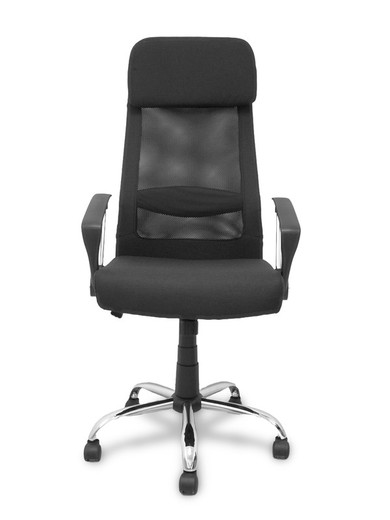 FORÖL Modelo  Esteras- Silla de dirección ergonómica con mecanismo basculante, brazos fijos y regulable en altura - Respaldo de malla transpirable con cabecero y asiento tapizado en tela color negro.