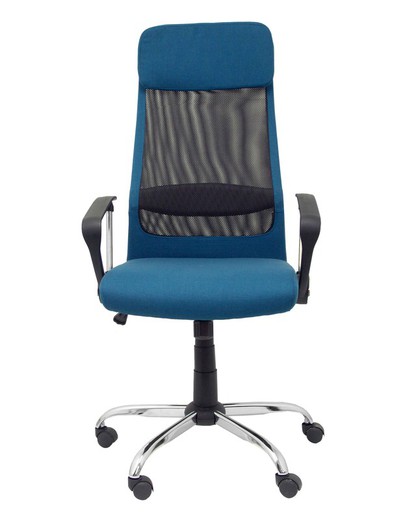 FORÖL Modelo  Esteras- Silla de dirección ergonómica con mecanismo basculante, brazos fijos y regulable en altura - Respaldo de malla transpirable con cabecero y asiento tapizado en tela color turquesa.