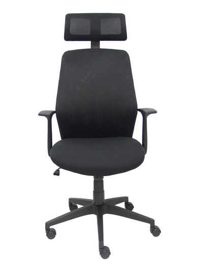 FORÖL Modelo Parolis - Silla de oficina ergonómica con mecanismo basculante y brazos fijos. Respaldo de malla transpirable en color negro con cabecero regulable y asiento tapizados en aran color negro.