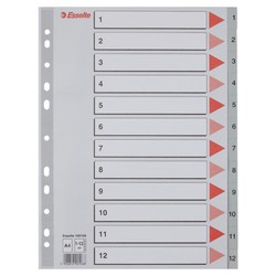 Índice multitaladro Esselte. DIN A4. Cartulina índice color. Pestañas 1-12 PP, gris