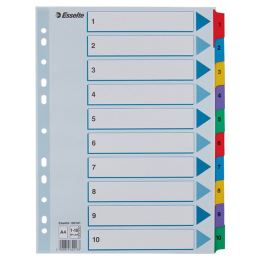 Esselte multidrill index. DIN A4. Med färgat registerkort och förstärkta flikar 1-10 Mylar kartong, flerfärgad