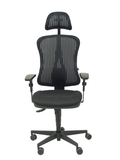 Modelo Agudo sincro - Silla de oficina ergonómica con cabecero, mecanismo sincro, brazos regulables - Respaldo de malla transpirable en color negro y asiento tapizados en tela color negro.