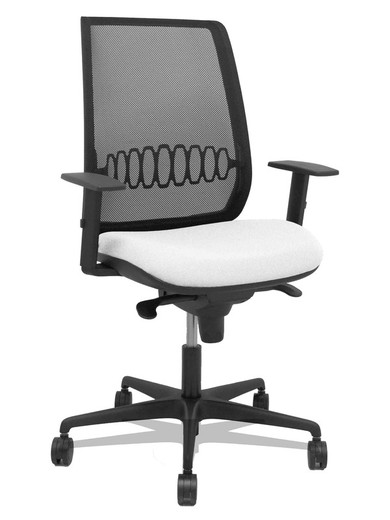 Modelo Alares - Silla de oficina ergonómica con mecanismo sincro, brazos regulables y ajustable en altura - Respaldo de malla transpirable en color negro y asiento tapizados en tejido BALI color blanco.