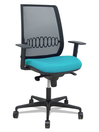 Modelo Alares - Silla de oficina ergonómica con mecanismo sincro, brazos regulables y ajustable en altura - Respaldo de malla transpirable en color negro y asiento tapizados en tejido BALI color turquesa.