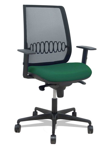 Modelo Alares - Silla de oficina ergonómica con mecanismo sincro, brazos regulables y ajustable en altura - Respaldo de malla transpirable en color negro y asiento tapizados en tejido BALI color verde botella.