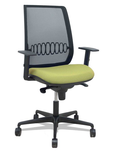 Modelo Alares - Silla de oficina ergonómica con mecanismo sincro, brazos regulables y ajustable en altura - Respaldo de malla transpirable en color negro y asiento tapizados en tejido BALI color verde oliva.