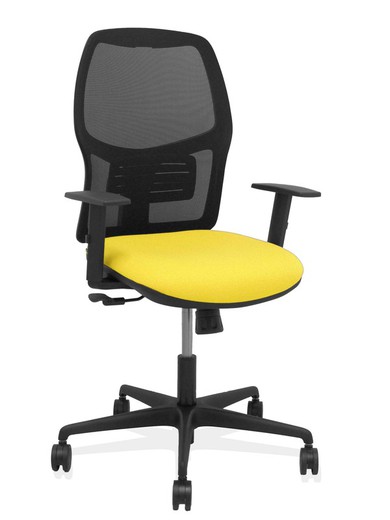 Modelo Alfera - Silla de oficina ergonómica con mecanismo sincro, brazos regulables y ajustable en altura - Respaldo de malla transpirable en color negro y asiento tapizados en tejido BALI color amarillo.