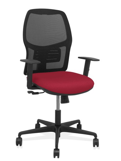 Modelo Alfera - Silla de oficina ergonómica con mecanismo sincro, brazos regulables y ajustable en altura - Respaldo de malla transpirable en color negro y asiento tapizados en tejido BALI color granate.