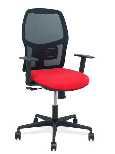 Modelo Alfera - Silla de oficina ergonómica con mecanismo sincro, brazos regulables y ajustable en altura - Respaldo de malla transpirable en color negro y asiento tapizados en tejido BALI color rojo.