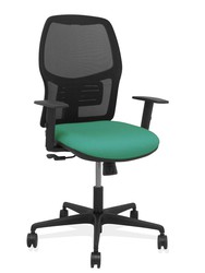 Modelo Alfera - Silla de oficina ergonómica con mecanismo sincro, brazos regulables y ajustable en altura - Respaldo de malla transpirable en color negro y asiento tapizados en tejido BALI color verde esmeralda.