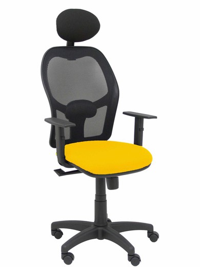 Modelo Alocén - Silla de oficina ergonómica con mecanismo sincro, brazos regulables y ajustable en altura - Respaldo de malla transpirable en color negro con cabecero fijo y asiento tapizados en tejido BALI color amarillo.