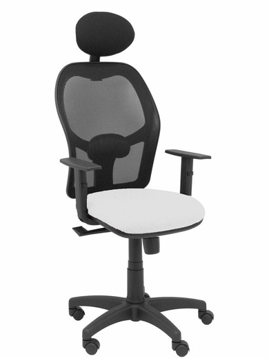 Modelo Alocén - Silla de oficina ergonómica con mecanismo sincro, brazos regulables y ajustable en altura - Respaldo de malla transpirable en color negro con cabecero fijo y asiento tapizados en tejido BALI color blanco.