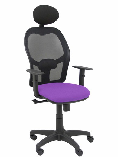 Modelo Alocén - Silla de oficina ergonómica con mecanismo sincro, brazos regulables y ajustable en altura - Respaldo de malla transpirable en color negro con cabecero fijo y asiento tapizados en tejido BALI color lila.