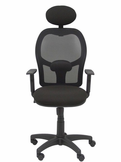 Modelo Alocén - Silla de oficina ergonómica con mecanismo sincro, brazos regulables y ajustable en altura - Respaldo de malla transpirable en color negro con cabecero fijo y asiento tapizados en tejido BALI color negro.