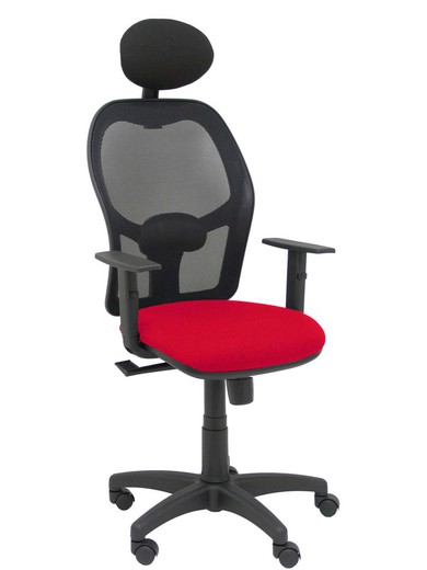 Modelo Alocén - Silla de oficina ergonómica con mecanismo sincro, brazos regulables y ajustable en altura - Respaldo de malla transpirable en color negro con cabecero fijo y asiento tapizados en tejido BALI color rojo.