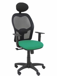 Modelo Alocén - Silla de oficina ergonómica con mecanismo sincro, brazos regulables y ajustable en altura - Respaldo de malla transpirable en color negro con cabecero fijo y asiento tapizados en tejido BALI color verde esmeralda.