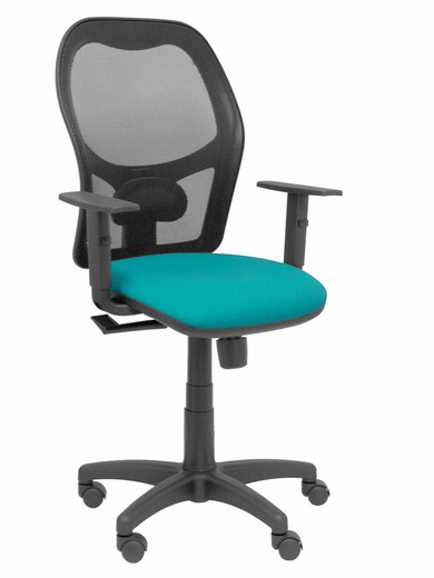 Modelo Alocén - Silla de oficina ergonómica con mecanismo sincro, brazos regulables y ajustable en altura - Respaldo de malla transpirable en color negro y asiento tapizados en tejido BALI color turquesa.