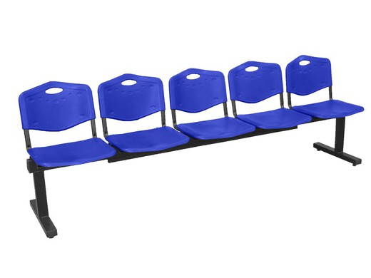 Modelo Bancada Iso plastic - Bancada de espera de cinco plazas y estructura de hierro en color negro - Asiento y respaldo en PVC color azul