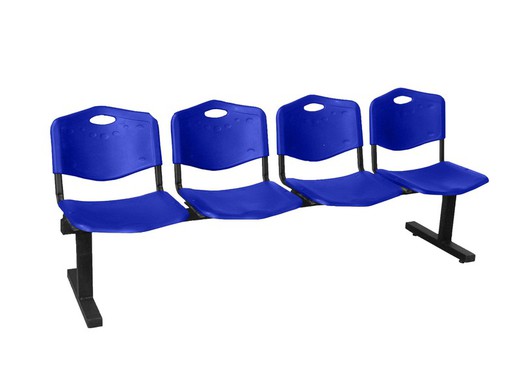 Modelo Bancada Iso plastic - Bancada de espera de cuatro plazas y estructura de hierro en color negro - Asiento y respaldo en PVC color azul