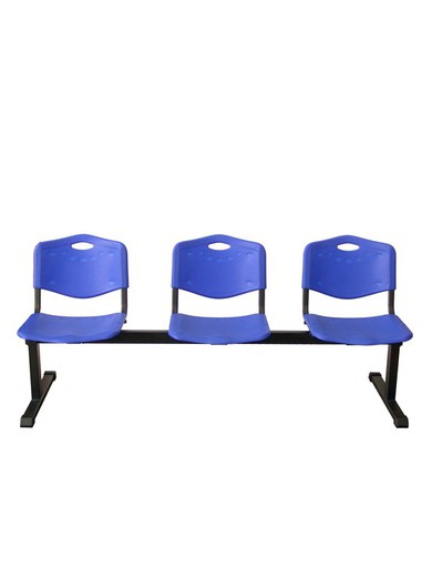 Modelo Bancada Iso plastic - Bancada de espera de tres plazas y estructura de hierro en color negro - Asiento y respaldo en PVC color azul