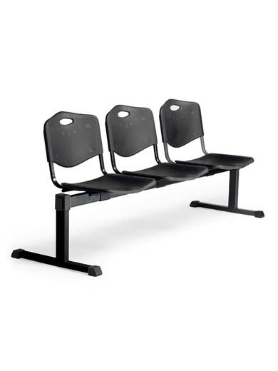 Modelo Bancada Iso plastic - Bancada de espera de tres plazas y estructura de hierro en color negro - Asiento y respaldo en PVC color negro