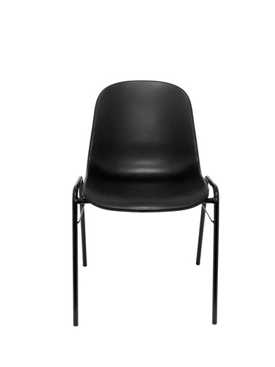 Modelo Beta  Pack 2 sillas confidente ergonómica, apilable y con estructura negra.  Asiento y respaldo de PVC de color negro.