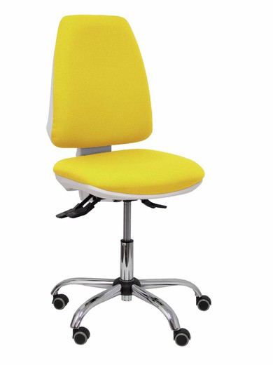 Modelo Elche blanca - Silla de oficina ergonómica con mecanismo asincro, regulable en altura y ruedas de parqué - Base cromada. Asiento y respaldo tapizados en tejido BALI color amarillo.