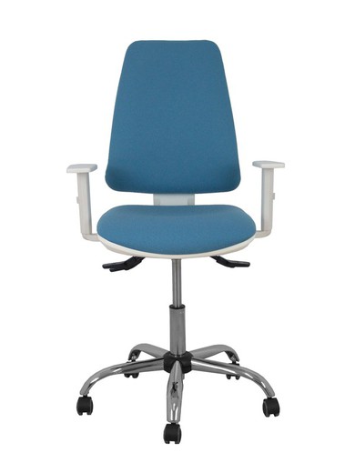 Modelo Elche blanca - Silla de oficina ergonómica con mecanismo asincro, regulable en altura y ruedas de parqué - Base cromada. Asiento y respaldo tapizados en tejido BALI color azul. Brazos blancos regulables.