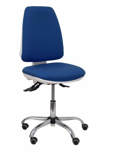 Modelo Elche blanca - Silla de oficina ergonómica con mecanismo asincro, regulable en altura y ruedas de parqué - Base cromada. Asiento y respaldo tapizados en tejido BALI color azul marino.