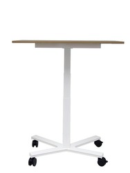 Modelo Griego - Mesa de trabajo regulable con ajuste electrico. Tablero de madera en color natural y estructura en color blanco. Dispone de ruedas con freno.