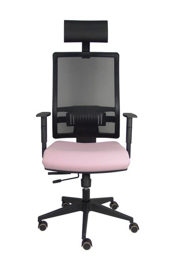 Modelo Horna - Silla de oficina ergonómica con mecanismo sincro con traslack y regulable en altura - Respaldo alto de malla transpirable con cabecero fijo y apoyo lumbar regulable. Asiento tapizado en tejido BALI colo rosa.