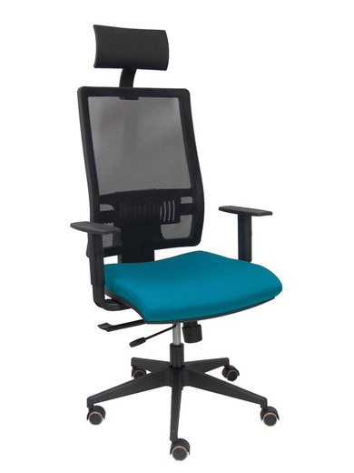 Modelo Horna - Silla de oficina ergonómica con mecanismo sincro con traslack y regulable en altura - Respaldo alto de malla transpirable con cabecero fijo y apoyo lumbar regulable. Asiento tapizado en tejido BALI colo verde petróleo.