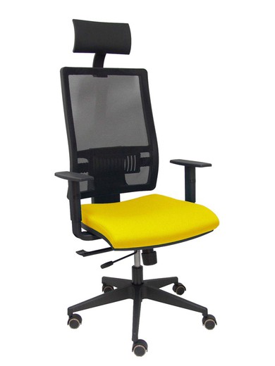 Modelo Horna - Silla de oficina ergonómica con mecanismo sincro con traslack y regulable en altura - Respaldo alto de malla transpirable con cabecero fijo y apoyo lumbar regulable. Asiento tapizado en tejido BALI color amarillo.