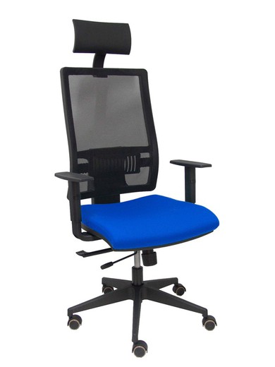 Modelo Horna - Silla de oficina ergonómica con mecanismo sincro con traslack y regulable en altura - Respaldo alto de malla transpirable con cabecero fijo y apoyo lumbar regulable. Asiento tapizado en tejido BALI color azul.