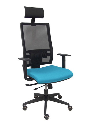 Modelo Horna - Silla de oficina ergonómica con mecanismo sincro con traslack y regulable en altura - Respaldo alto de malla transpirable con cabecero fijo y apoyo lumbar regulable. Asiento tapizado en tejido BALI color azul cielo.