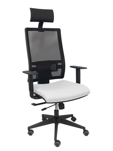 Modelo Horna - Silla de oficina ergonómica con mecanismo sincro con traslack y regulable en altura - Respaldo alto de malla transpirable con cabecero fijo y apoyo lumbar regulable. Asiento tapizado en tejido BALI color blanco.