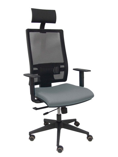 Modelo Horna - Silla de oficina ergonómica con mecanismo sincro con traslack y regulable en altura - Respaldo alto de malla transpirable con cabecero fijo y apoyo lumbar regulable. Asiento tapizado en tejido BALI color gris.